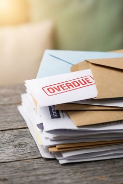 Stack of overdue bills and envelopes with overdue stamp prominently displayed suggesting financial debt and collection notice on rustic wooden table with soft light effect.