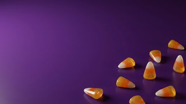 A spooky and festive halloween background featuring classic candy corn and a dark purple hue