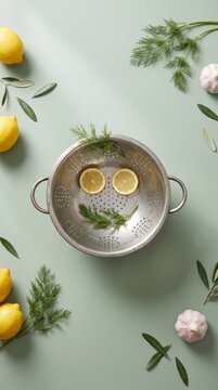 Fresh metal colander face with lemon slice eyes and dill garnish on sage green background