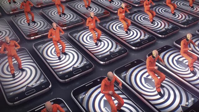 An abstract representation illustrating how smart phones are turning people into mindless dummies addicted to absorbing useless information. 
