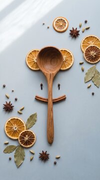Warm wooden spoon face with citrus ears and autumn spices on pale blue background