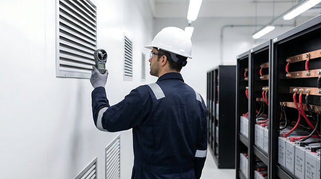 Technician using anemometer to measure airflow from ventilation grill in data center with battery racks in background.