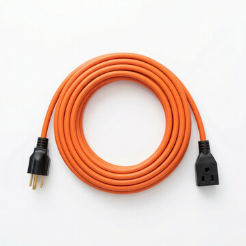 Orange extension cord with plugs coiled on a white background  
