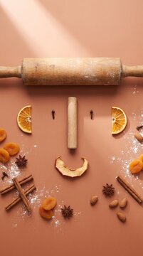 Charming rolling pin face with dried apple mustache and citrus spices on terracotta background