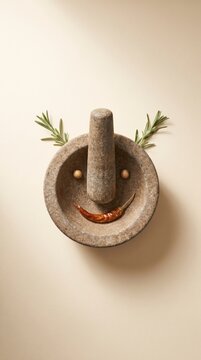 Focused stone mortar and pestle face with rosemary sprig ears and chili smile on cream background