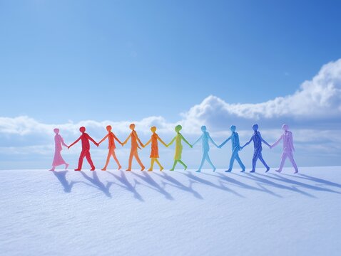 明るい青空の下で多様な人々が手を取り合い歩む希望