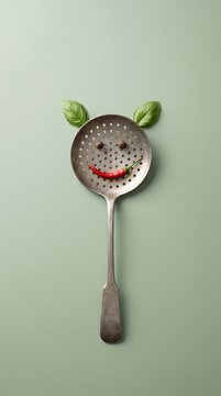 Playful metal skimmer face with basil leaf ears and red chili smile on sage green background