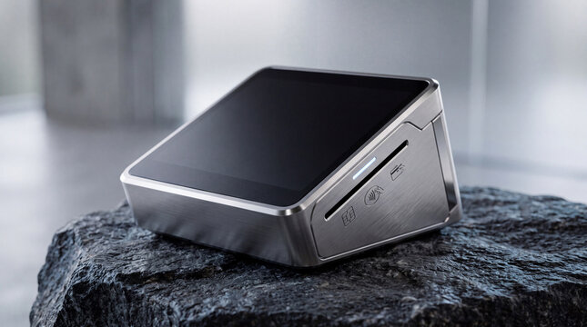 A premium, cube-shaped mobile digital payment POS device set against a dark rock