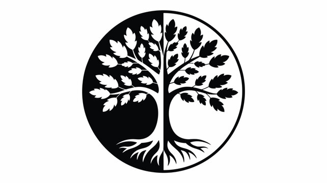 Black and white tree of life emblem inside circle with roots leaves and dual yin yang contrast isolated background