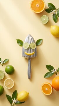 Sunny citrus juicer face with lime and lemon eyes surrounded by fresh fruit on yellow background