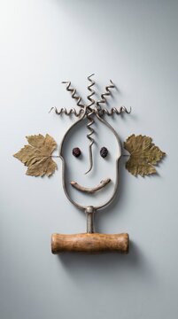Quirky corkscrew face with curly wire hair and grape leaf ears on white background