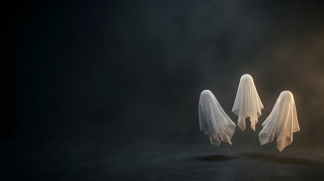 A spooky halloween scene with three spectral ghosts emerging from a dark and mysterious night