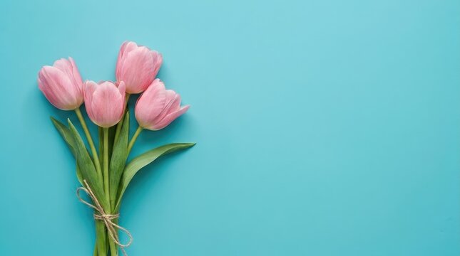 A small bouquet of fresh pink tulips tied with a rustic twine string, positioned on a solid light blue background, top-down flat lay view
