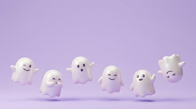 A charming collection of adorable cartoon ghosts floats playfully against a soft lavender backdrop perfect for halloween