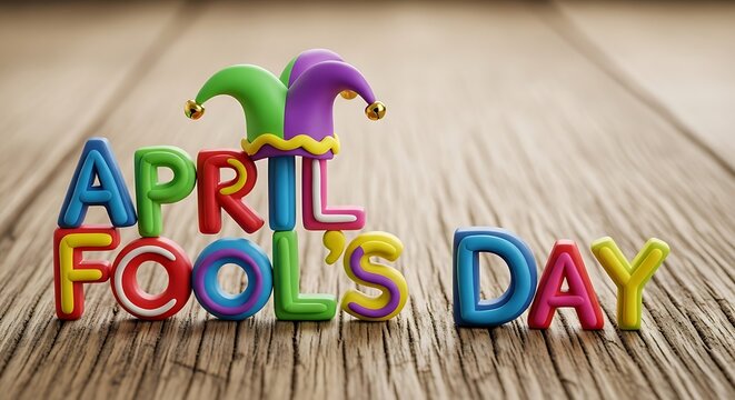 April fools day colorful text with jester hat on wood