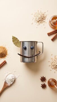 Cozy metal mug face with blueberry eyes and vanilla pod smile among baking spices background