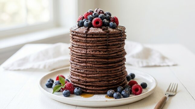 A tall stack of dark chocolate pancakes topped with fresh blueberries and raspberries on a white plate, wooden table, morning breakfast