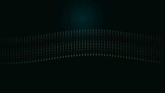 Abstract wave of green glowing digital binary code particles on a dark background representing data flow and technology