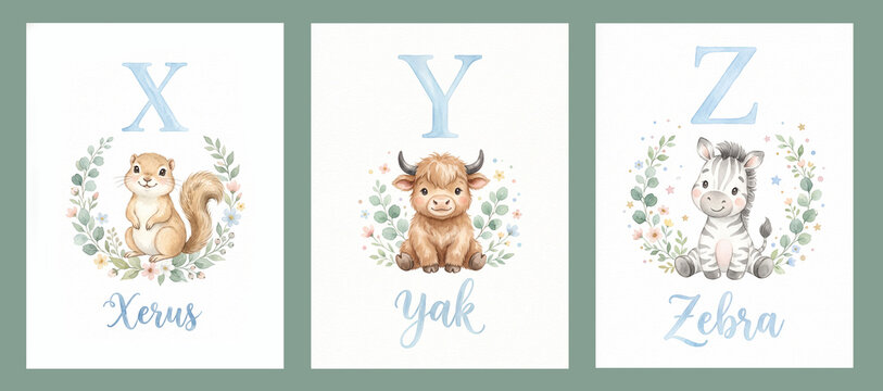 Watercolor Alphabet Flashcards with Cute Animals &ndash; X Y Z Nursery Illustration Set