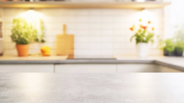 In the foreground light gray kitchen countertop, in the background blurred kitchen interior in light gray tones in minimalist style