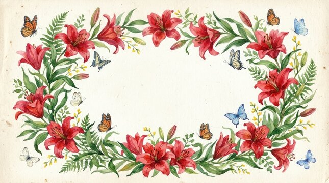 An oval frame made of watercolor red lilies, green fern leaves, and colorful butterflies on a textured cream background, artistic floral border
