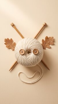 Cozy yarn ball face with crossed knitting needles and oak leaf ears on warm cream background