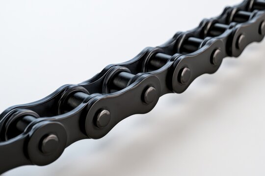 Detailed perspective of a sleek black metal roller chain used in mechanical power transmission isolated on a soft white background for industrial concepts
