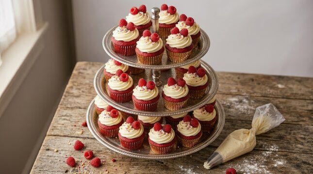 Three tiered silver stand filled with red velvet cupcakes topped with white frosting and fresh raspberries on a rustic wooden table with piping bag