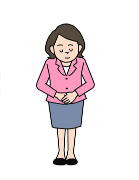 頭を下げてお辞儀や挨拶をするピンクのジャケットを着た女性のイラスト