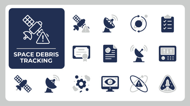 Satellite monitoring and orbital junk surveillance icon set for aerospace safety and cosmic environment protection systems