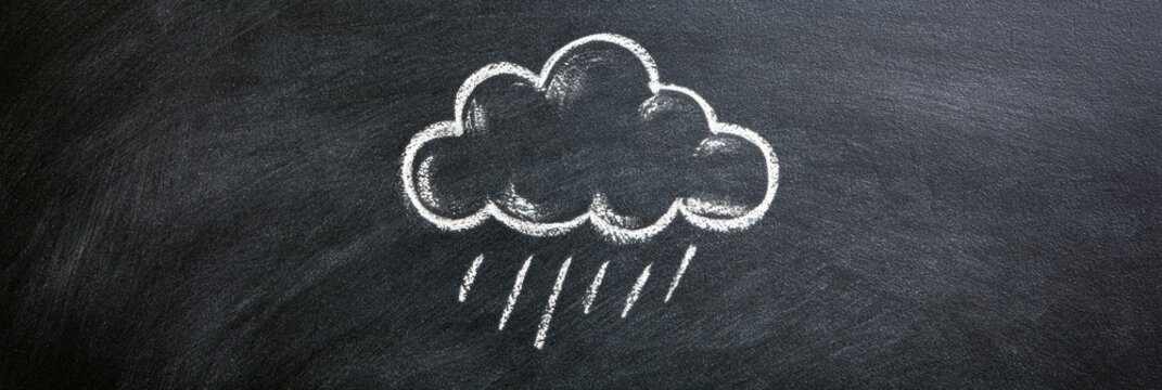Chalk drawing depicts a cloud with rain on a blackboard in a rustic space with a window above. The scene captures a simple artistic moment.