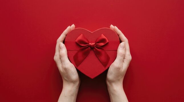 Two hands holding a small red heart-shaped gift box with a satin ribbon bow, centered against a solid, vibrant red background, top-down view
