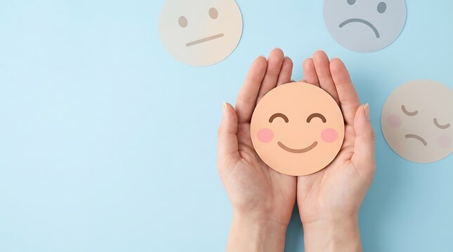Hands holding paper smiley face circle with blue background featuring various emotion icons for mental health feedback or positive customer service evaluation survey.