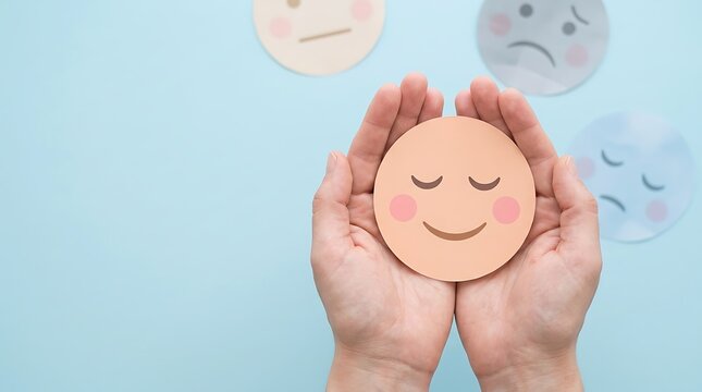 Hands holding paper smiley face circle with blue background featuring various emotion icons for mental health feedback or positive customer service evaluation survey.