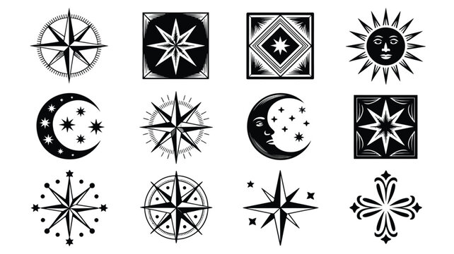 Vector illustration set of celestial and compass rose symbols including sun face crescent moon stars and geometric ornaments isolated background