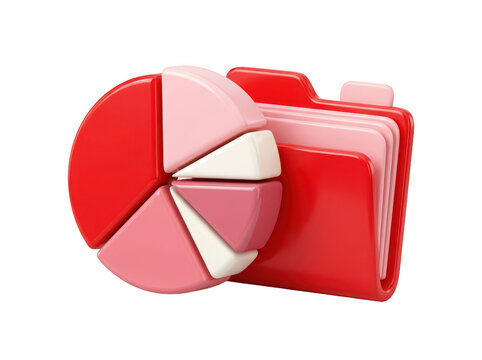 3D red folder icon with a pie chart representing business data analysis and statistics