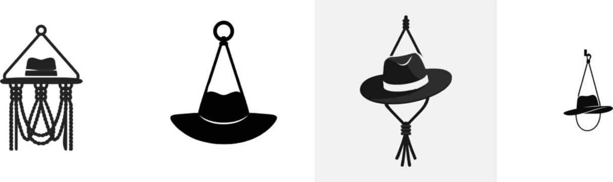 This premium black and white flat vector icon of a wall-mounted macrame hanger is designed for holding wide-brim hats in a minimalist modern UI style, featuring solid black lines and fills on a pure