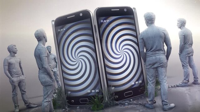 A symbolic depiction of how people are constantly chained to their phones as if under mind control, representing the idea that our smart phones are hypnotising us and dumbing us down, creating an unbr