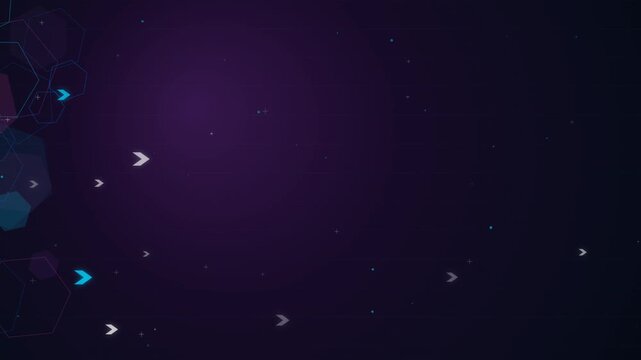 Abstract dark purple background with floating glowing blue and white arrow pointers moving across the screen in a digital space motion graphic design