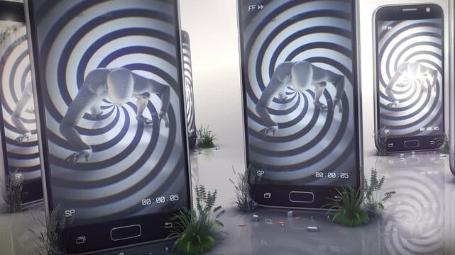 An abstract sequence representing the idea of how the addiction and obsession with being on your phone becomes a none physical prison that keeps you trapped in an endless cycle.
