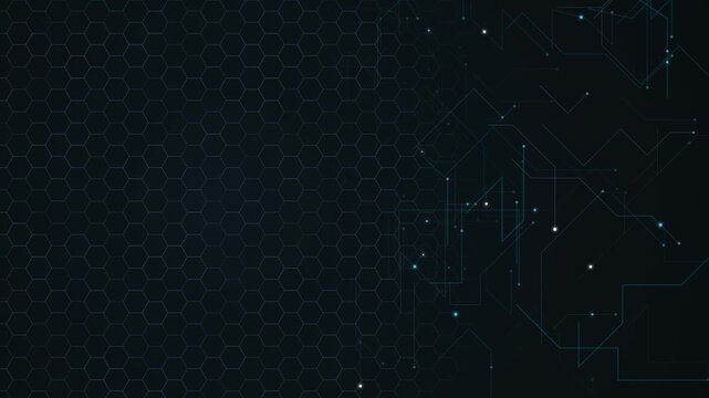 Abstract dark background with glowing blue lines and hexagonal pattern for technology and digital communication concept