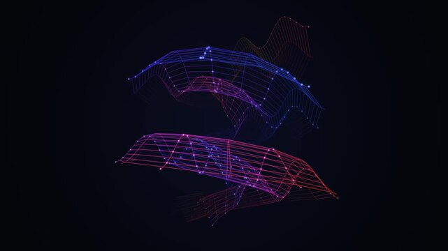 Abstract digital world map made of glowing lines and dots on a dark background showing global technology and data connection networks in blue and purple colors