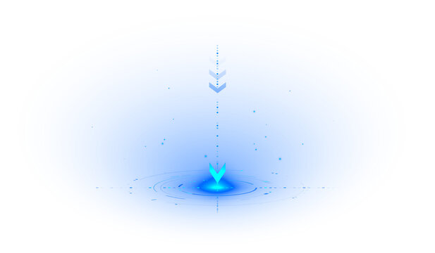 Blue neon light hologram arrow down abstract future technology strategy isolated on transparent png background