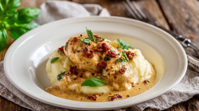 Creamy Tuscan Chicken with Mashed Potatoes Sun Dried Tomatoes Basil