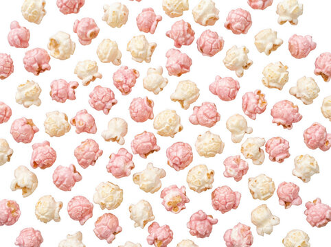 Pink and white popcorn kernels scattered on a white background for a festive snack pattern.