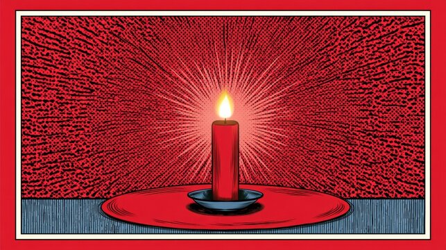 Candle flickers in a warm glow, surrounded by retro dots and rays on a red background. Space next to the candle is open for text.