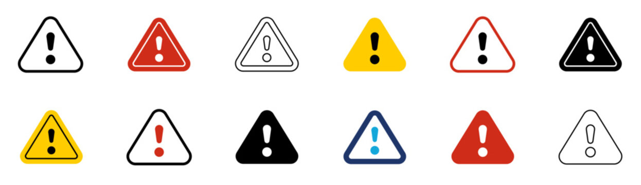 Warning exclamation mark triangle icon set. Caution sign, danger alert, attention hazard and system error outline, solid and colored symbols. Vector.