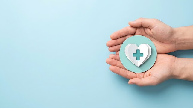 Hands gently holding paper heart with medical cross symbol symbolizing healthcare and protection, light blue background, conceptual and clean design.