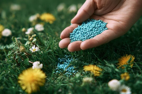 Farmers hand sprinkling fertilizer on young plant in field. Farmer feeding lawn giving chemical granular fertilizer for green grass. Agriculture industry, economy and growth. Diammonium phosphate DAP.