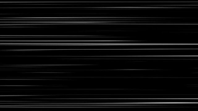 White radial comic light speed lines horizontal moving from right to the left on black background, Anime Speed Lines Background Animation, Right to Left speed lines moving with alpha channel.